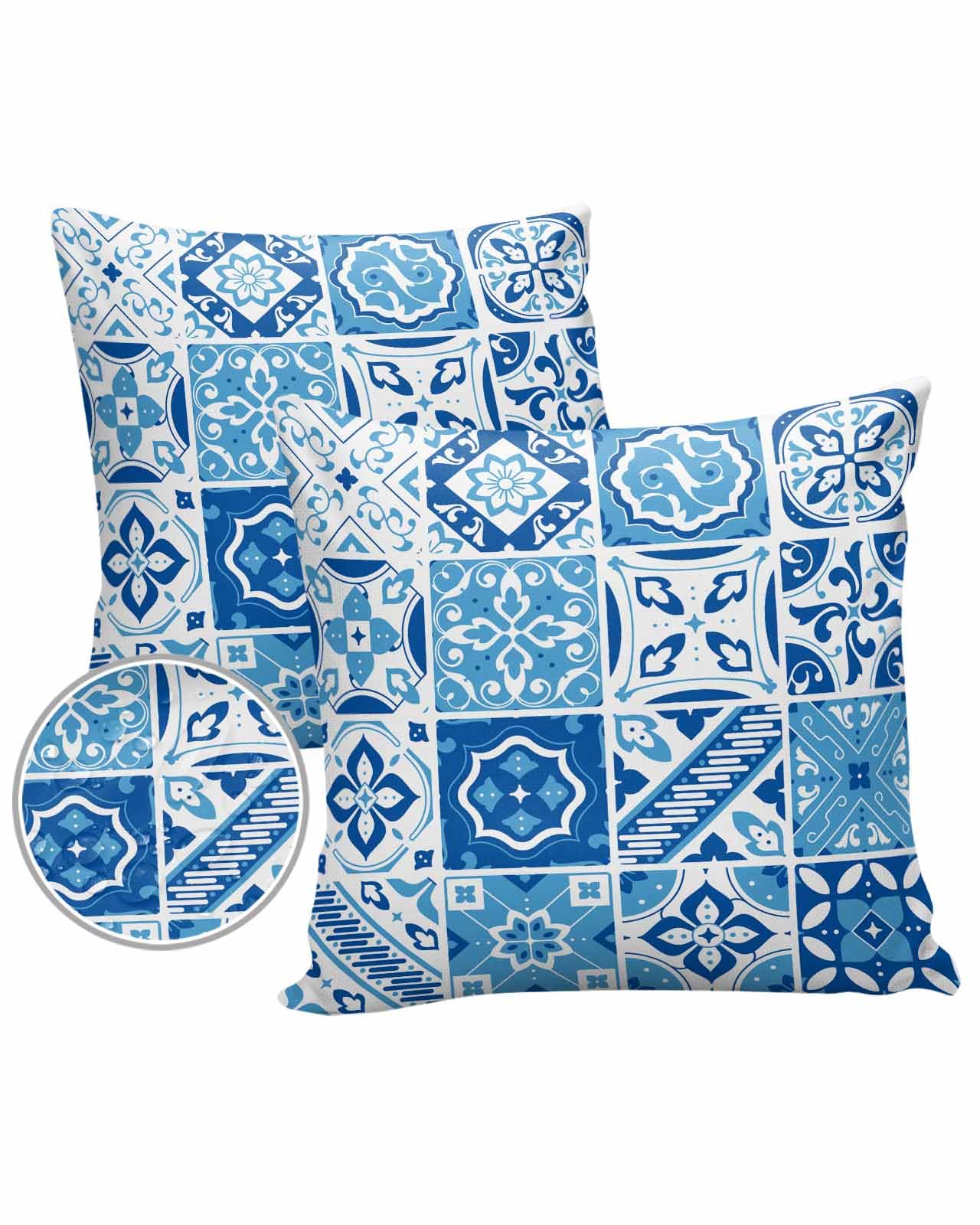 Blue Boho Tiles Outdoor Pillow Cover 18x18 Inch Cushion Sham Case,Waterproof Square Throw Pillowcase Patio Porch Couch Chair Farmhouse Mexican Aztec Decor Modern Morocco Floral Retro Mexican Mosaic
