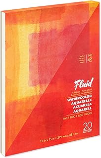 Fluid Artist Watercolor Pad, 140 lb (300 GSM) Cold Press Paper Pad for Watercolor Painting and Wet Media, Fold Over, 11 x 15 inches, 20 White Sheets