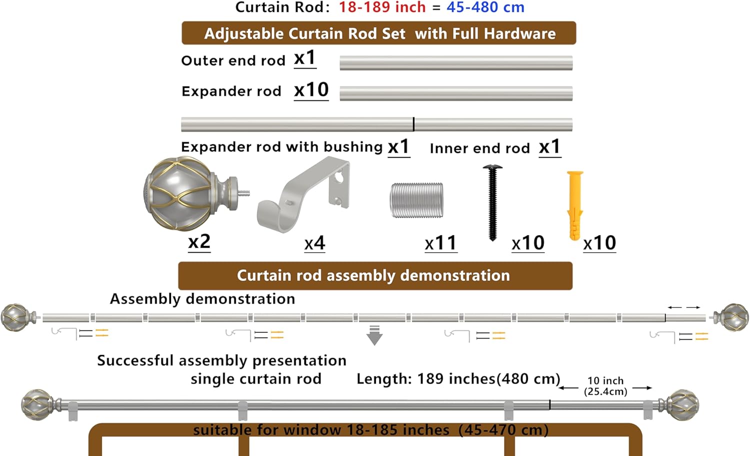 Curtain Rods 18-189 inch, for Window 180 Inch, Adjustable Length Heavy Duty Diameter 7/8 inch, Decorative Finials, Silver