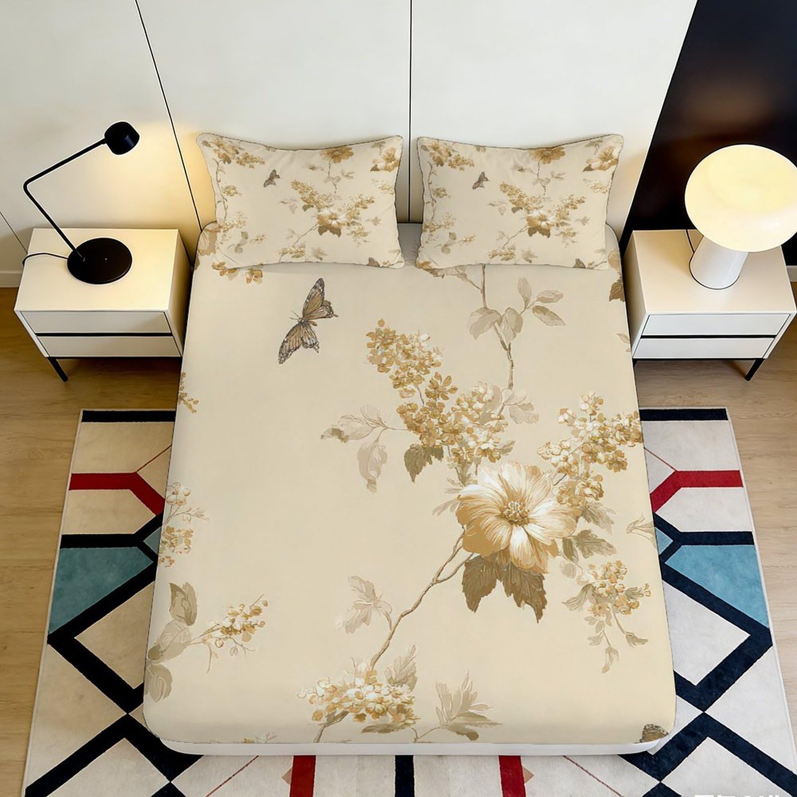 3D Printed Beige Floral Butterfly Fitted Sheet Microfiber Soft Non-Slip Mattress Cover Bedroom Decor Machine Washable for Home Guest Room 180x200x25cm