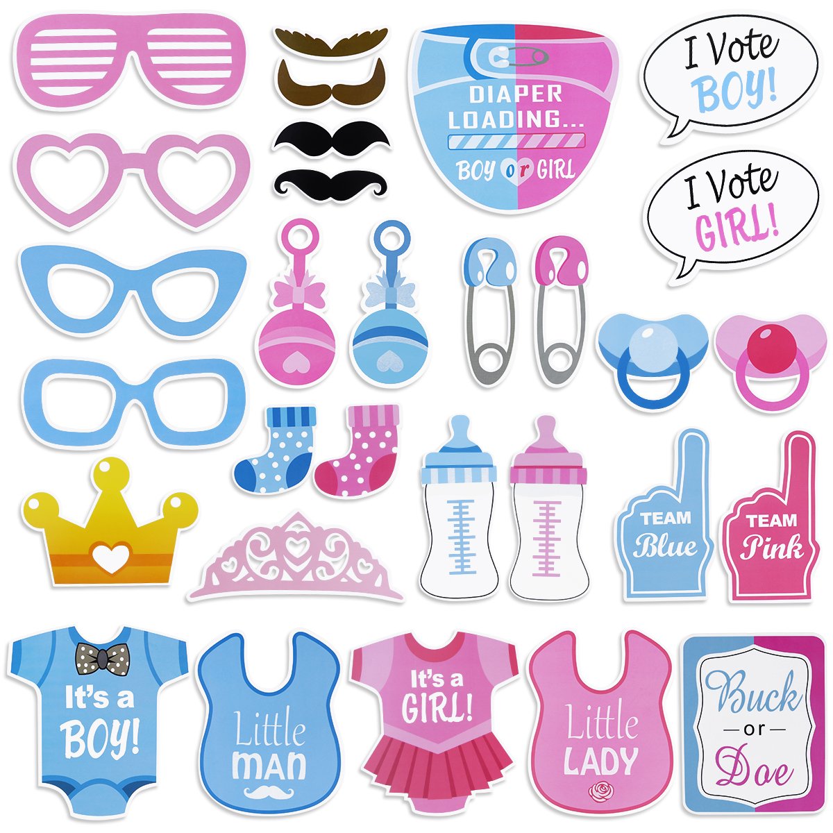 Tinksky Girls Boys Baby Shower Party, Gender Reveal Photo Booth Props on Sticks, 30 Pcs