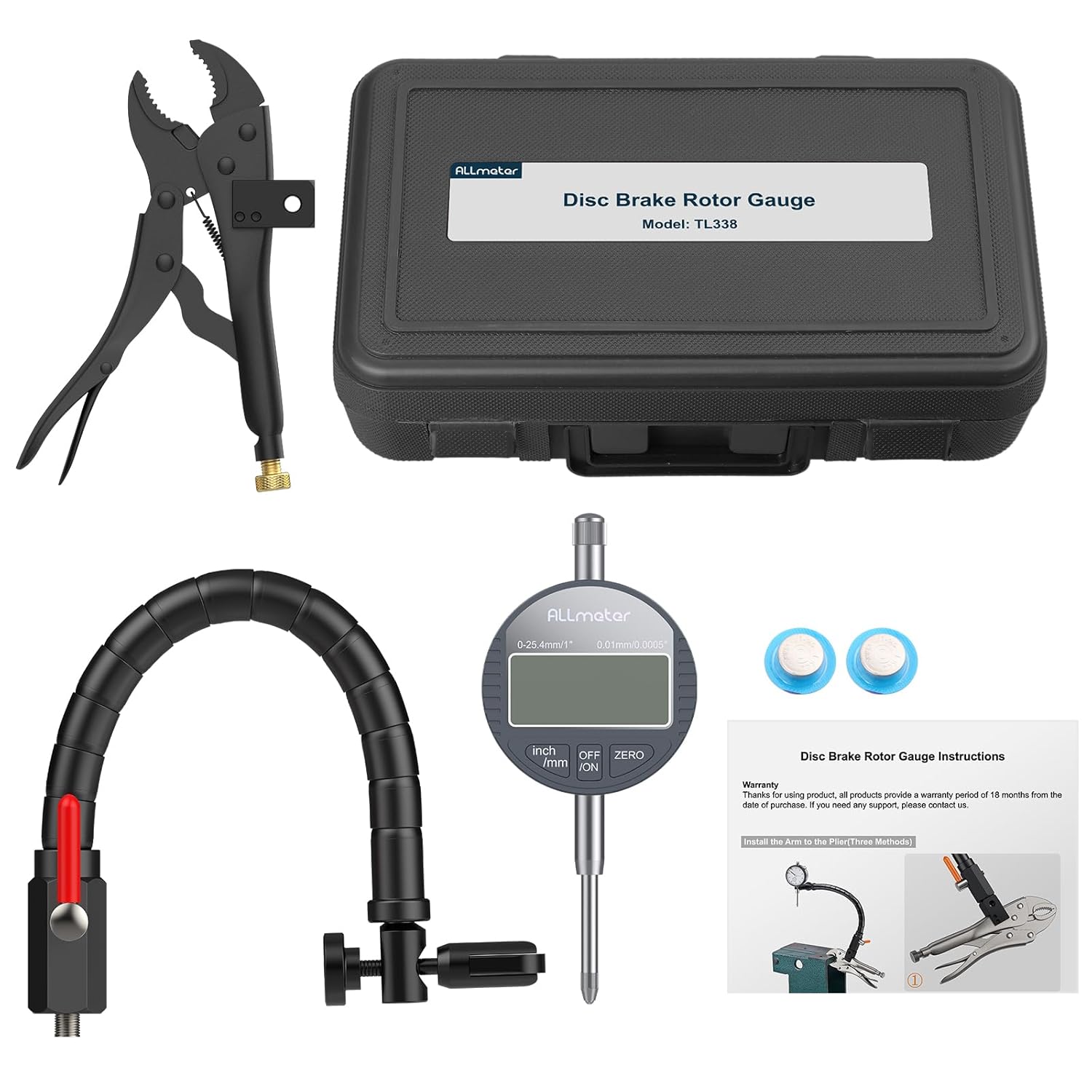 Disc Brake Rotor Gauge Dial Indicator 0-1"/0.0005" Digital Dial Indicator Runout Gauge Ball Joint Runout with 360° Flexible Stem & Locking Pliers for Automotive,Mechanical,Industrial