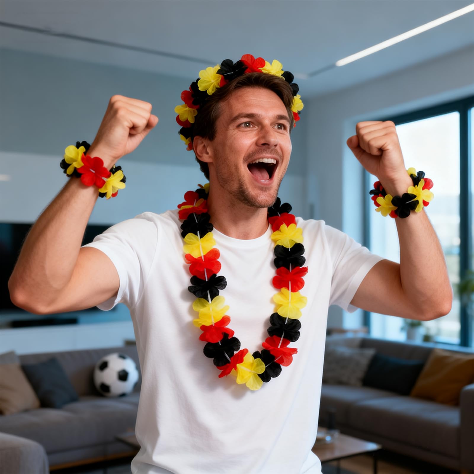 MniimaLuxe Lot de 6 chaînes hawaïennes de l'Allemagne - Article de fan de l' Allemagne - Chaîne de fleurs pour décoration de fête de football et de fête nationale allemande - Décoration de MniimaLuxe Lot de 6 chaînes hawaïennes de l'Allemagne - Article de fan de l' Allemagne - Chaîne de fleurs pour décoration de fête de football et de fête nationale allemande - Décoration de