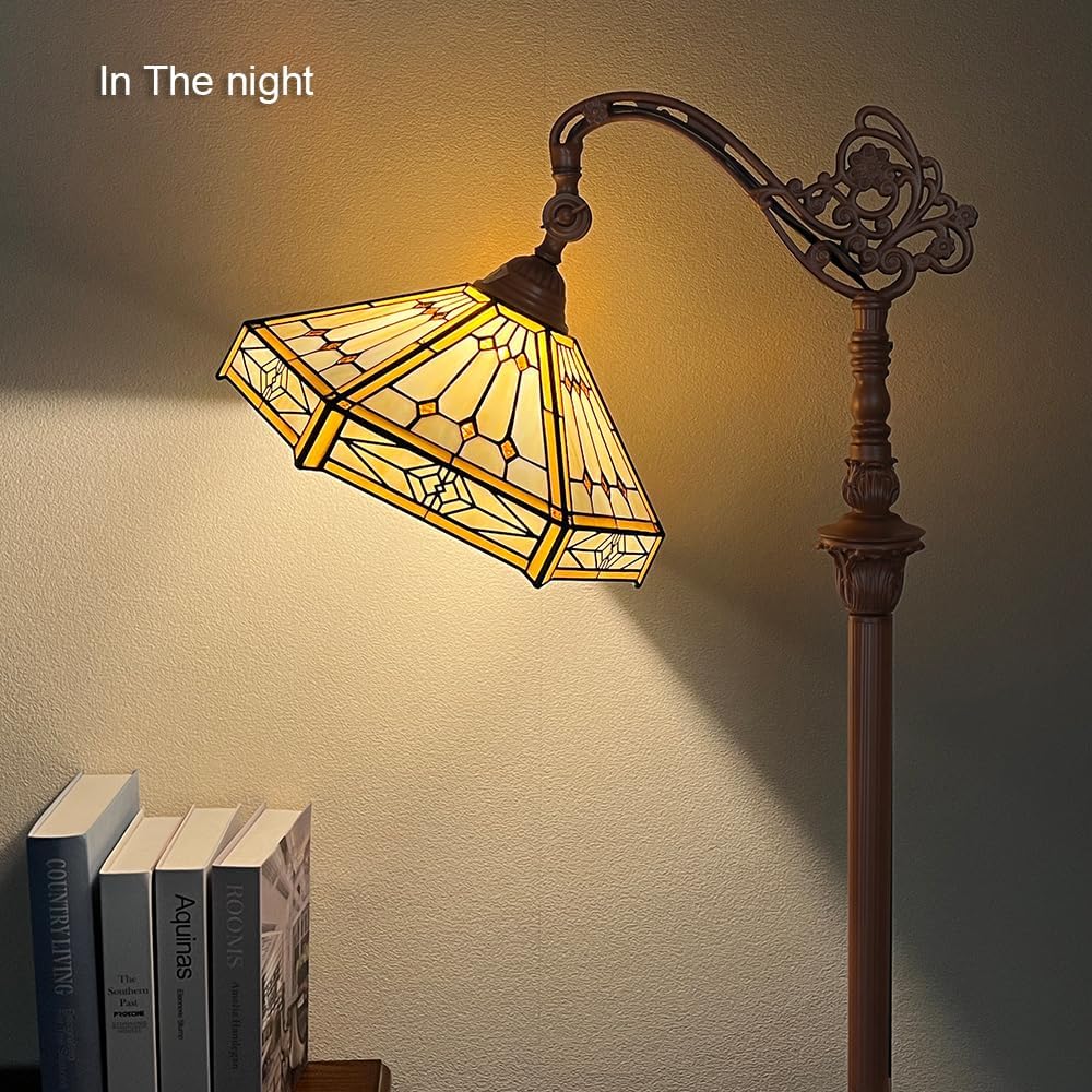 Capulina Tiffany Lamp Stained Glass Floor Lamp 62 Inches Tall Cream Hexagon Soft Light Arched Adjustable Angle Tiffany Style Reading Floor Lamp for Living Room Bedroom Study Home Office