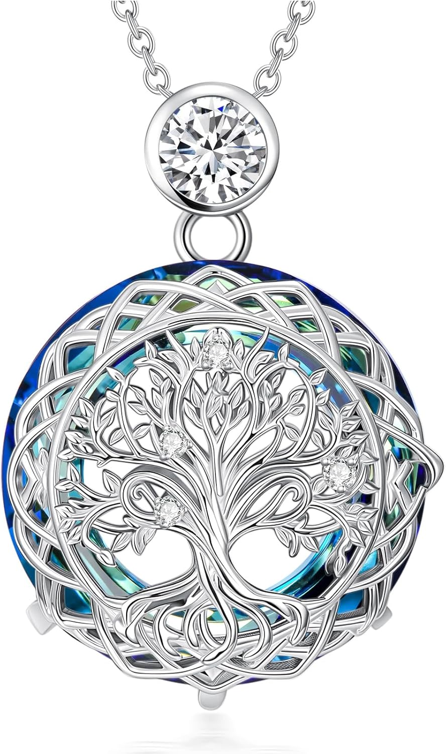0.5 Carat Moissanite Tree of Life Necklace, 925 Sterling Silver 0.5 Carat Moissanite and Blue Crystal Tree of Life Pendant Necklaces Jewelry Gift for Women Mom