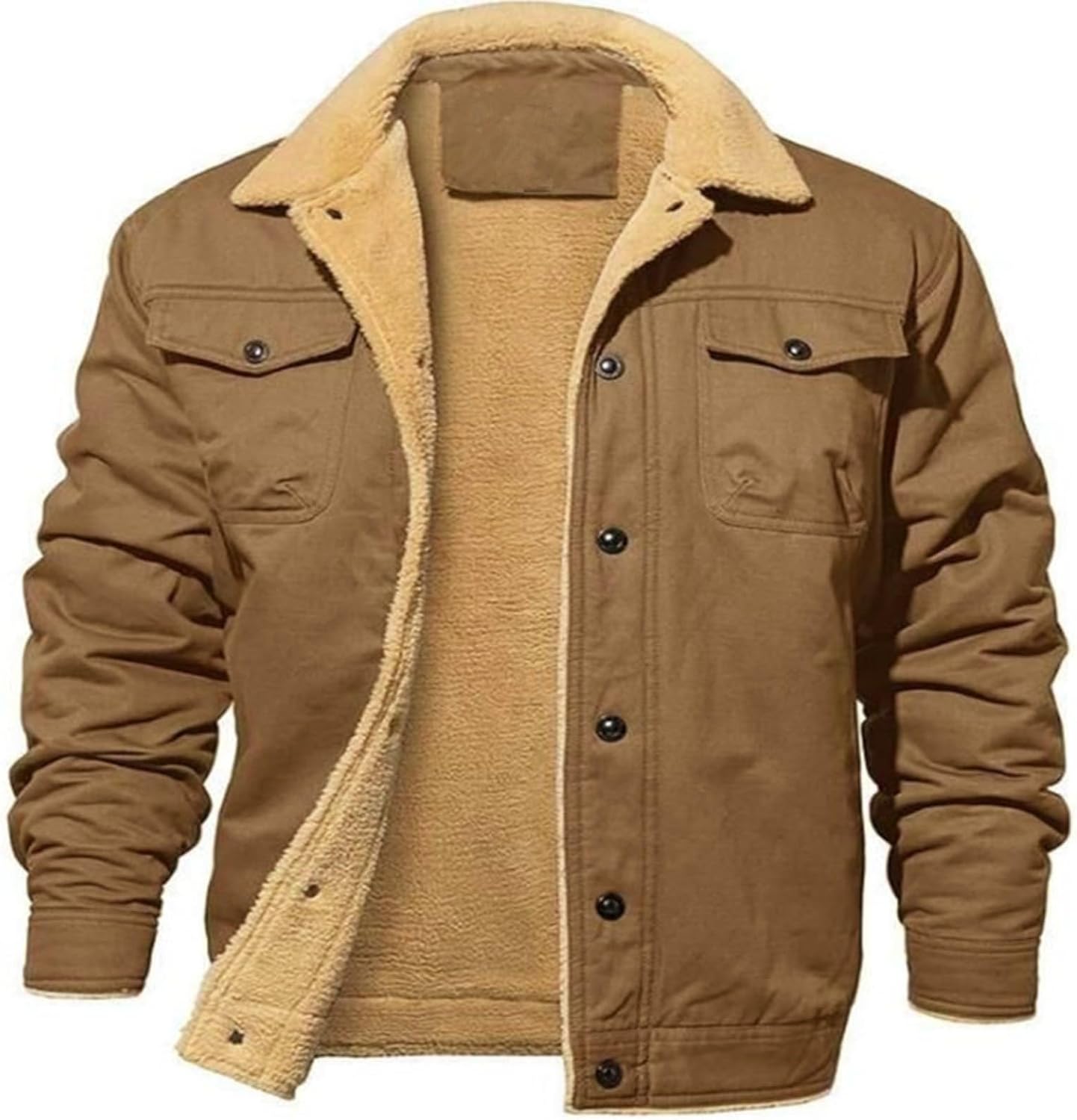 Men's Winter Slouchly Jacket Fleece Lined Cotton Cargo Coat Thickened Thermal Trucker Jacket with Multi Pockets