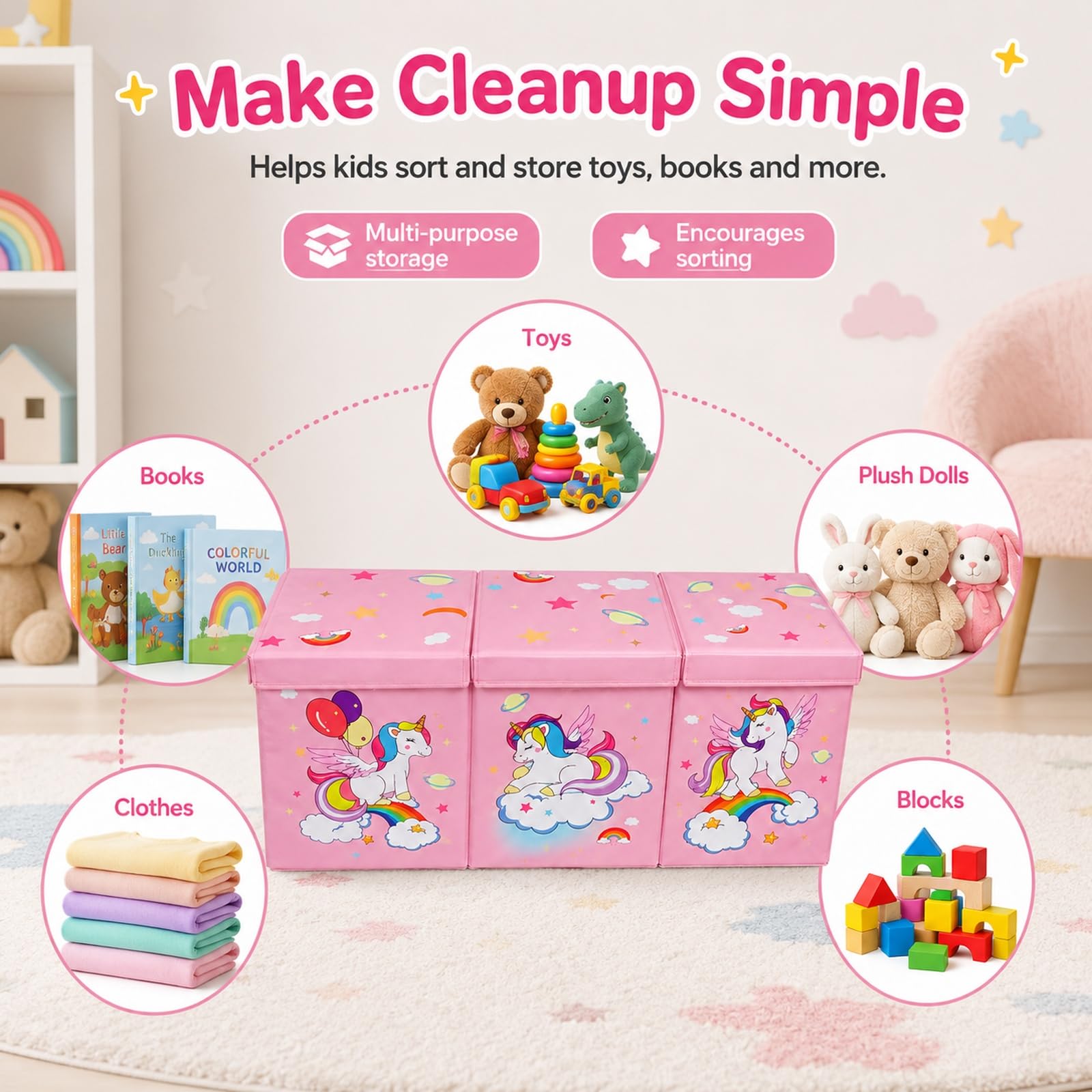 GOOGO Contenitore per giocattoli con coperchio, grande scatola pieghevole per cameretta, box porta giochi per libri, peluche e vestiti, 98 x 34 x 40 cm (rosa)