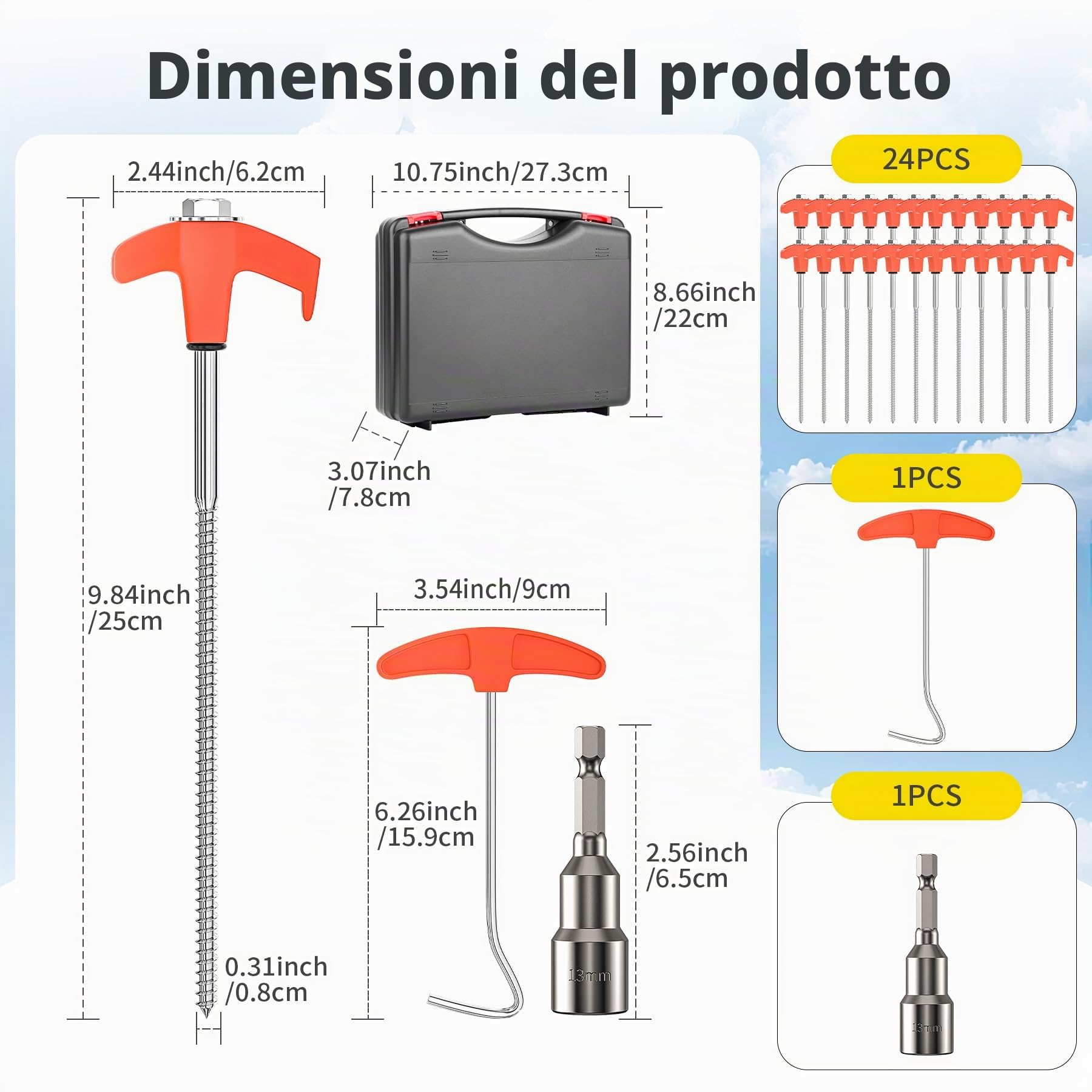 24 pz Tenda Pegs Trapano da Campeggio Heavy Duty Steel Camping Spikes Anti-Rust Tenda Pegs 25CM Camping Stakes con Hex Drill Bit & T Pull Hook, Garden Staples per Trampolino, Arancione