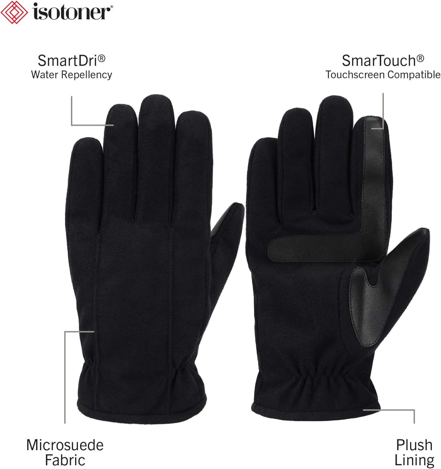 isotoner mens Water Repellent Dual Lined Microfiber Touchscreen Gloves - Image 2