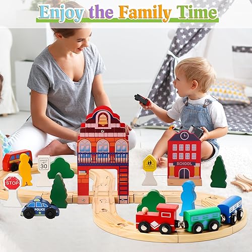 Miniatura 6 de Junkin Juego de trenes de madera para niños pequeños, 36 piezas de trenes y trenes de madera, juego de trenes magnéticos de construcción para niños