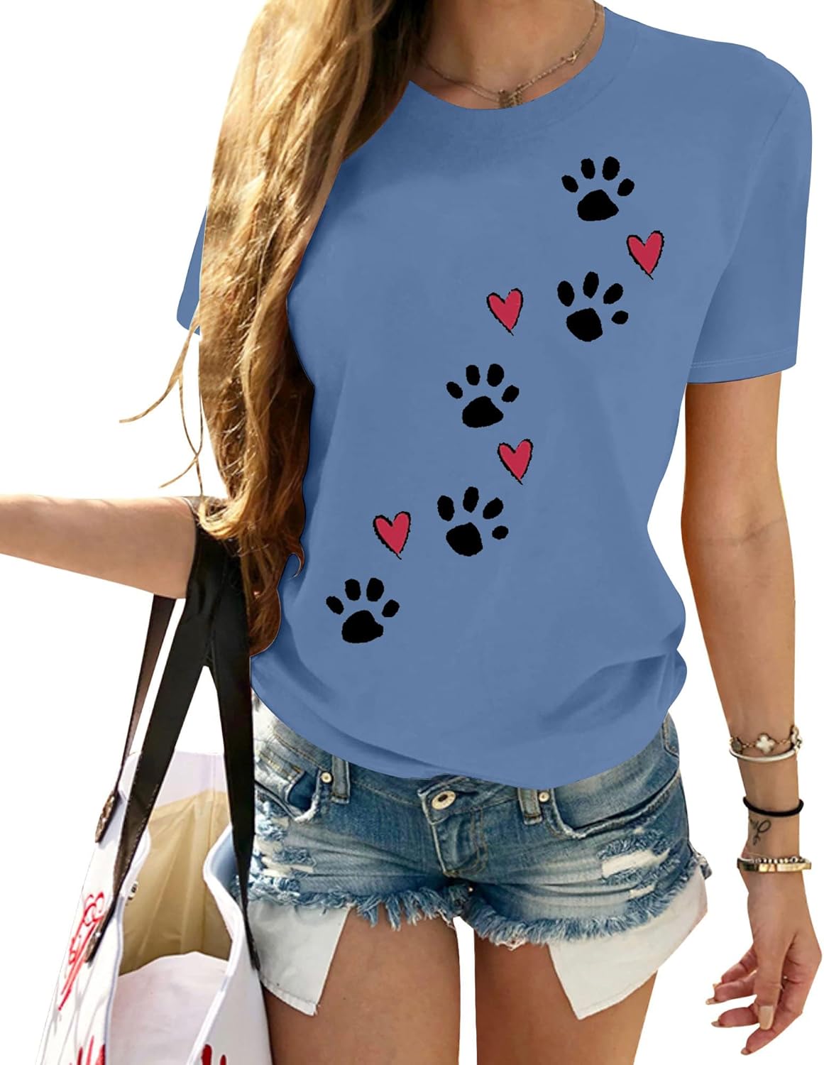Dog Paw Love Heart Print T-Shirt for Women Short Sleeve Dog Mom Graphic Tees Tops Mother's Day Shirts - Image 3
