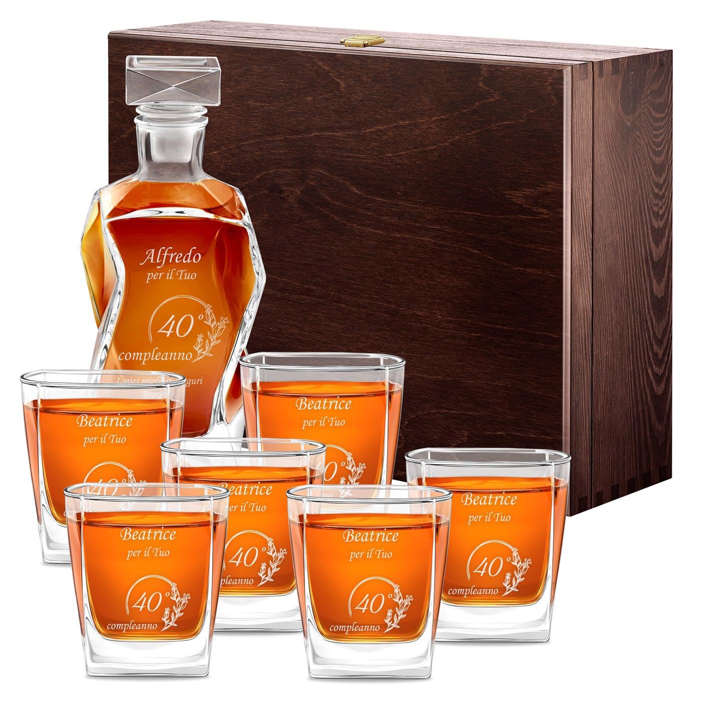 Maverton Set Decanter per Whisky in vetro - da 700 ml - incisione personalizzata - Caraffa con 6 bicchieri - idea regalo per il compleanno - per l’ uomo - regalo di Natale - Dei campi