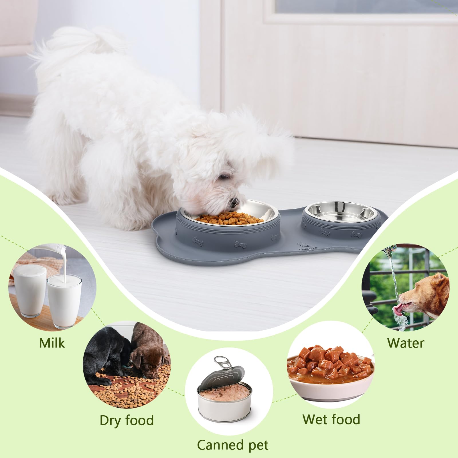 Pecute Comedero Perro y Gato, 3-in-1 Bebedero para Gatos Perros, Mascotas Pequeño de Acero Inoxidable Extraíble de Acero, Base de Silicona Antideslizante (400ml/13.5oz + 200ml/6.8oz)