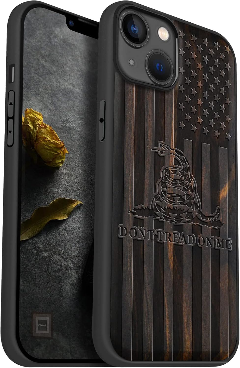 Carveit Magnetic Wood Case for iPhone 14 Plus Case [Natural Wood & Black Soft TPU] Unique & Classy Wooden Shockproof Protective Cover Compatible with magsafe (Gadsden Flag -Blackwood)