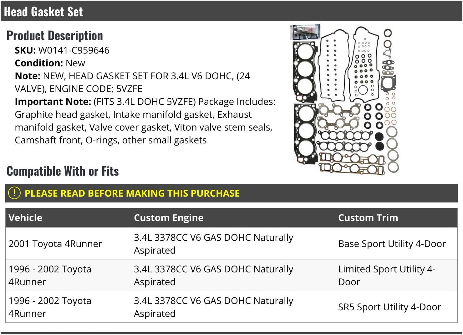 Head Gasket Set - Compatible with 1996-2002 Toyota 4Runner 3.4L V6 DOHC 24-Valve 5VZFE
