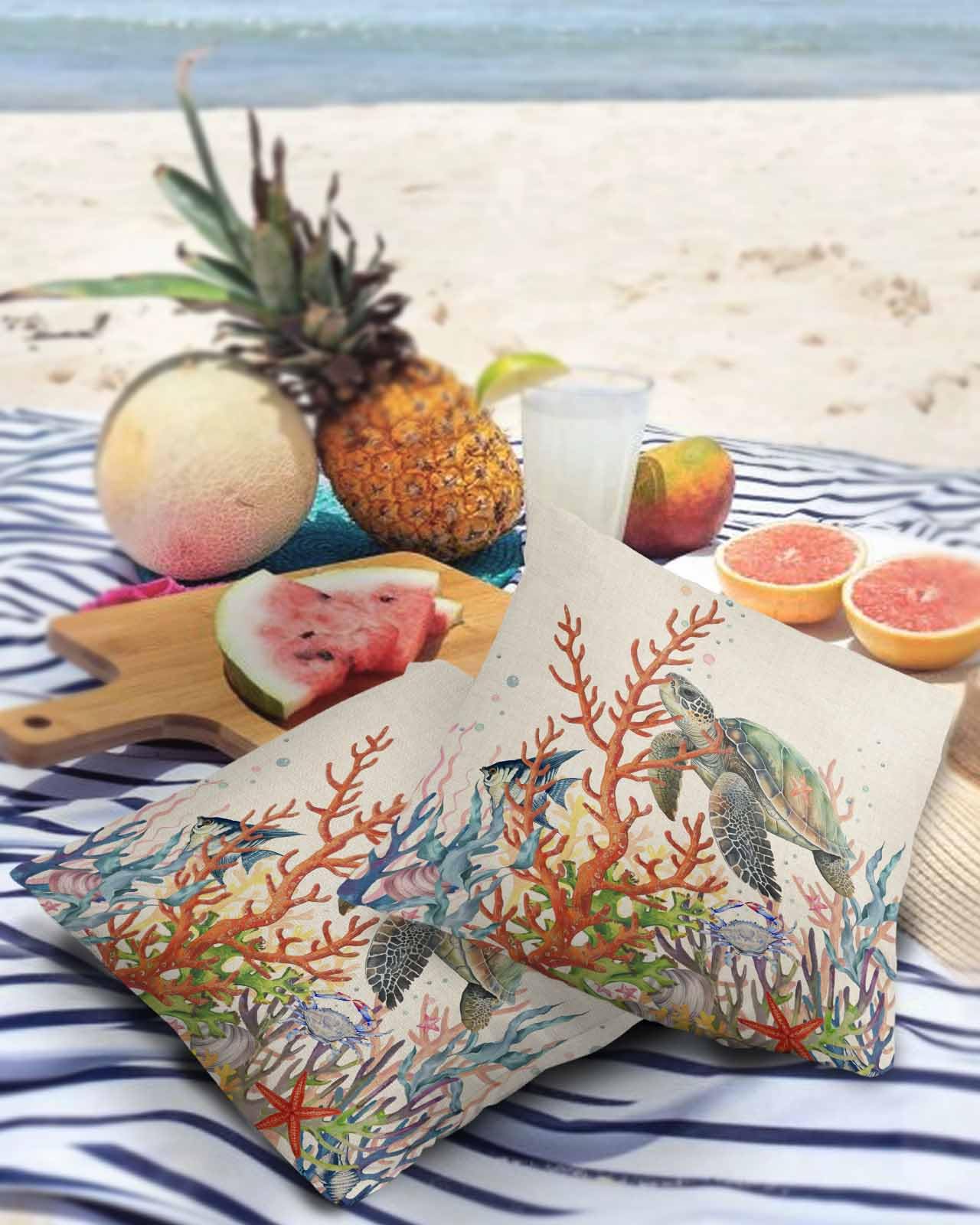 Turtle Coral Outdoor Pillow Covers Waterproof,All Weather Cushion Case Set of 2 Decorative Pillowcases for Sofa Couch Bed Decor Patio Furniture 24