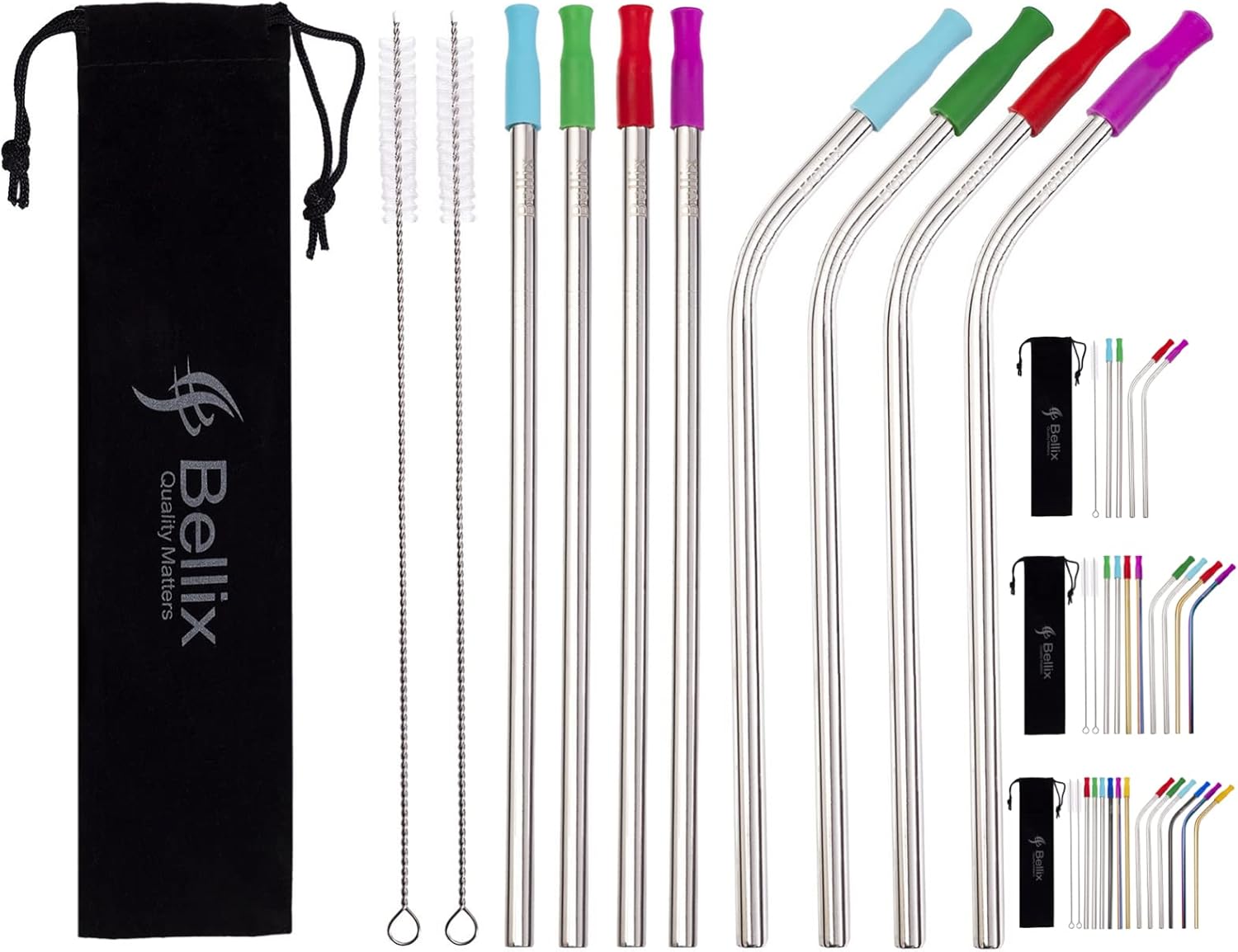 Bellix 8Pack Metal Reusable Straws,Extra Long Stainless Steel Straws