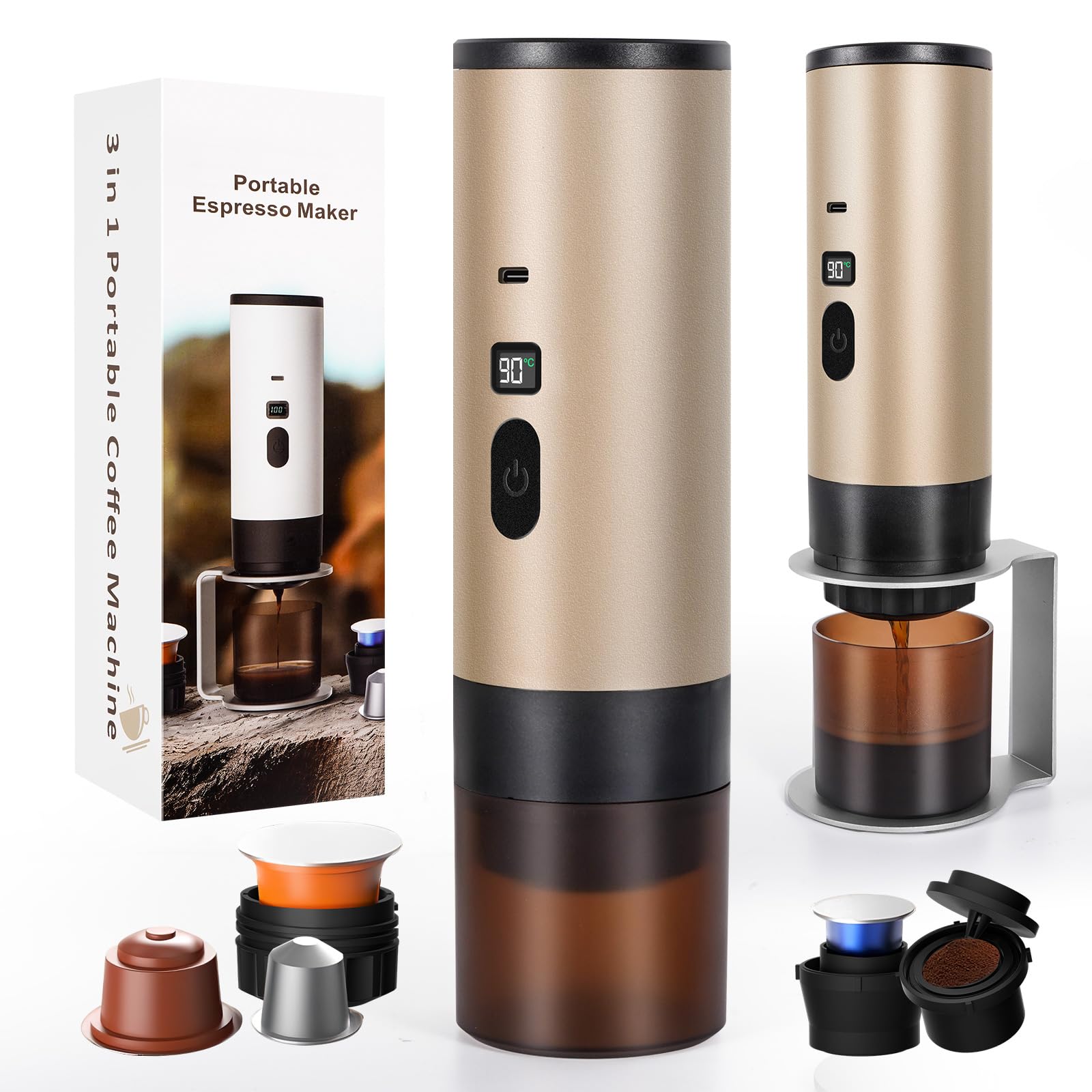 LAMA Máquina de café portátil, máquina de café espresso eléctrica con puerta de café mini máquina de cápsulas, compatible con cápsulas café molido, calentador instantáneo, para camping viajes, champán