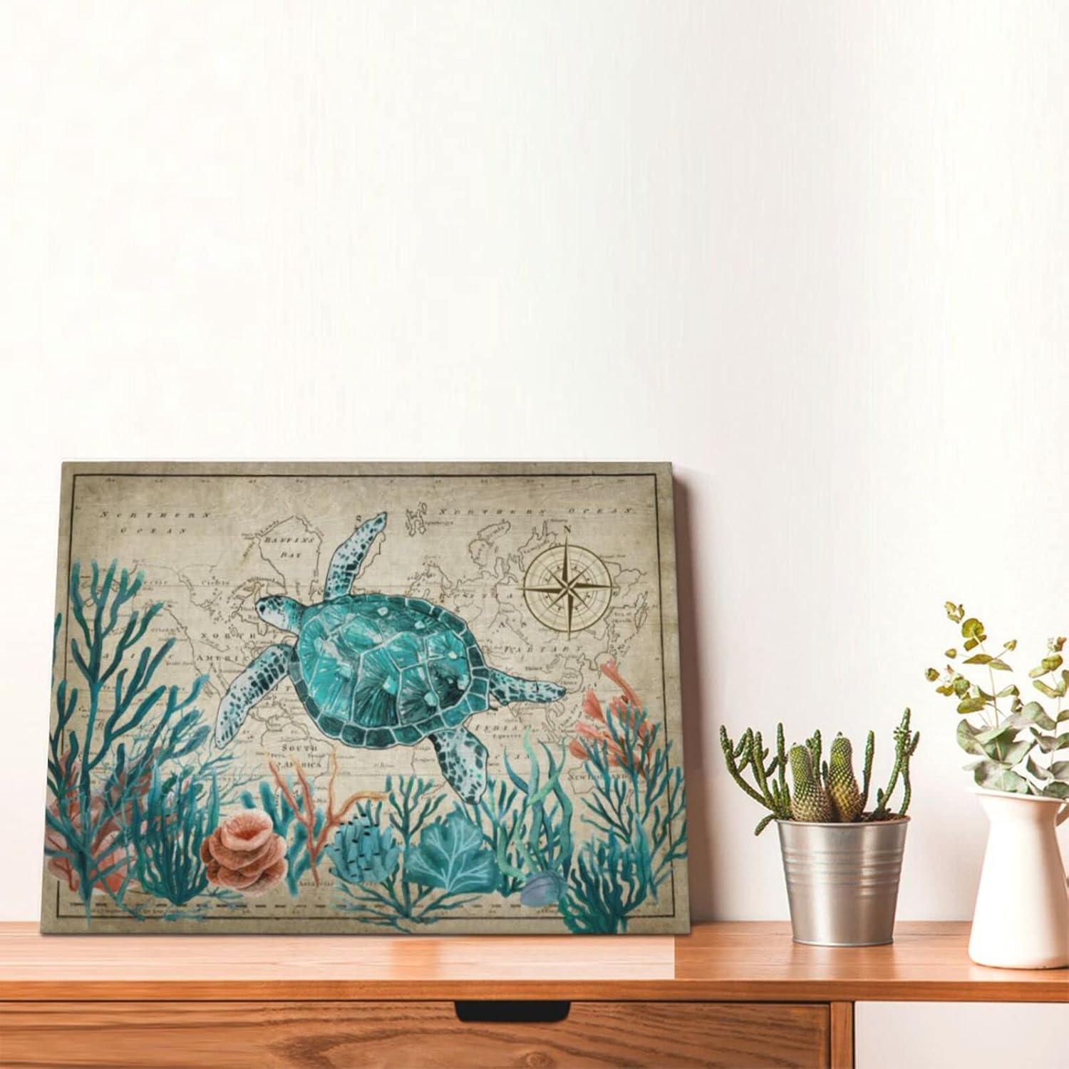 GRYTAPA Sea Turtle Bathroom Decor Wall Art Ocean Wall Decor Ocean Theme Painting Map Background Framed Artwork for Prayer room Bedroom Home Office Kitchen 16"x12"
