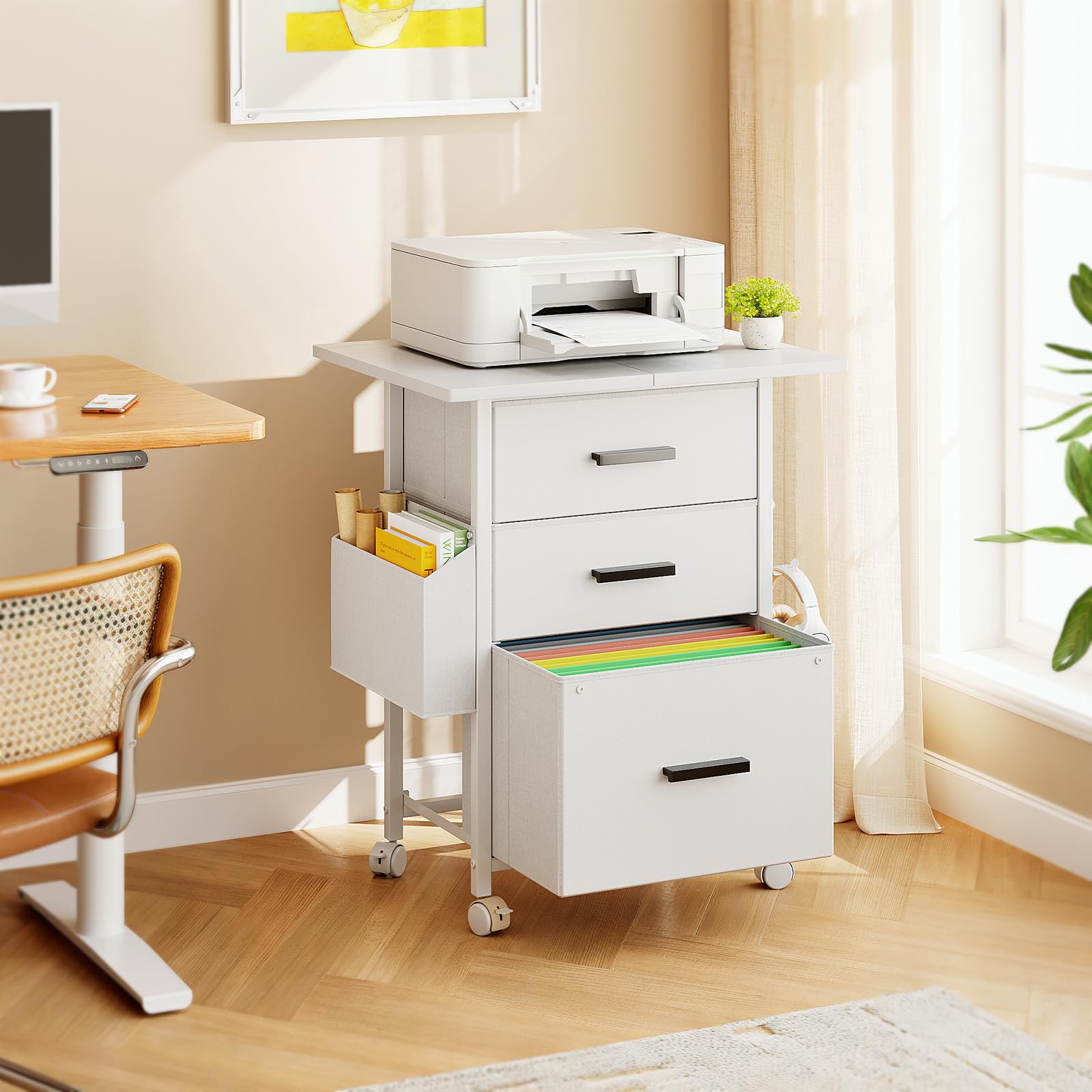 CAIYUN Cassettiera arrotolabile, con 3 cassetti e ruote, per documenti in formato A4, supporto per stampante con una larghezza del tavolo di 56 cm, design industriale, bianco