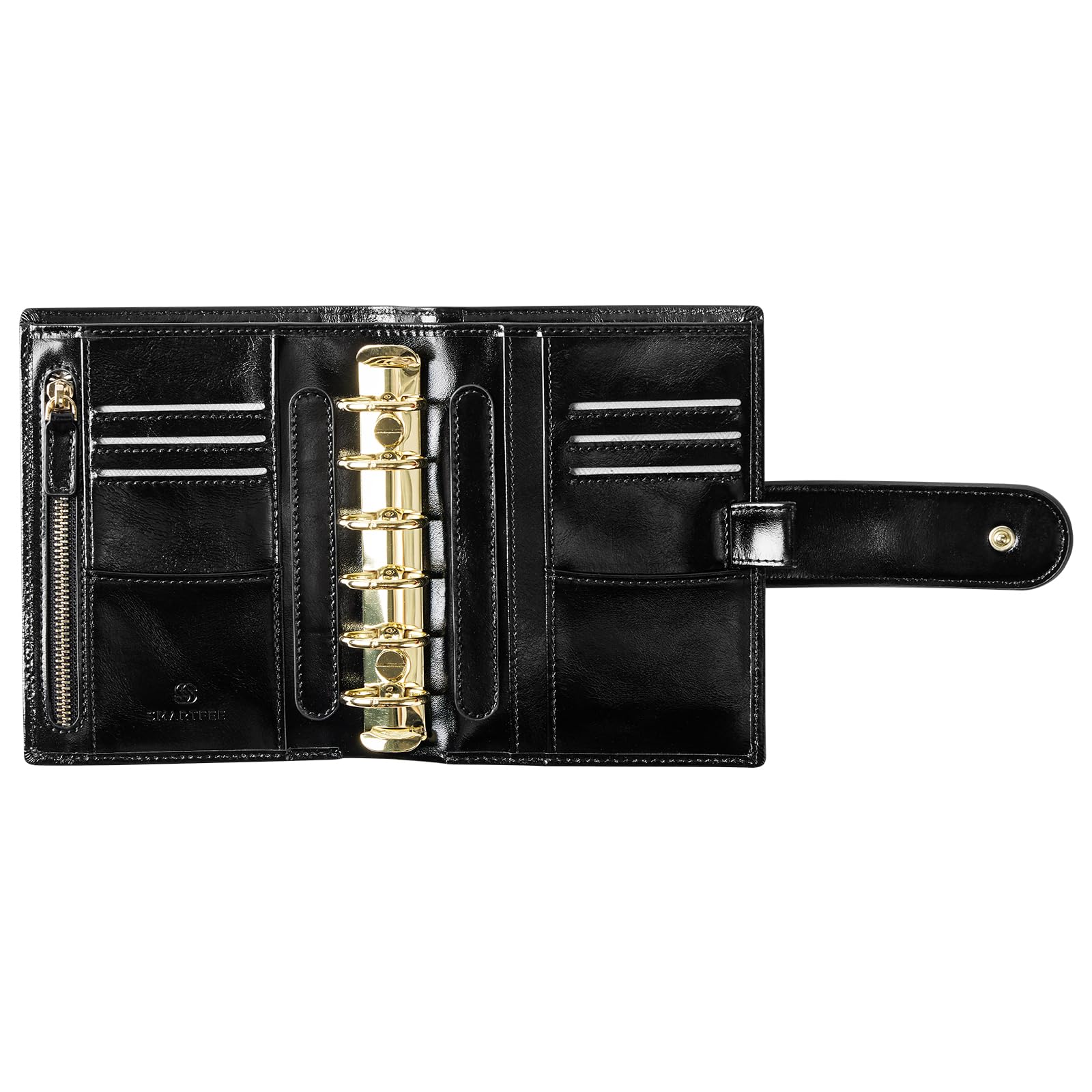 Agenda tascabile in pelle, raccoglitore a 6 anelli con foglia, anello dorato da 25 mm, pelle cerata ad olio (nero)