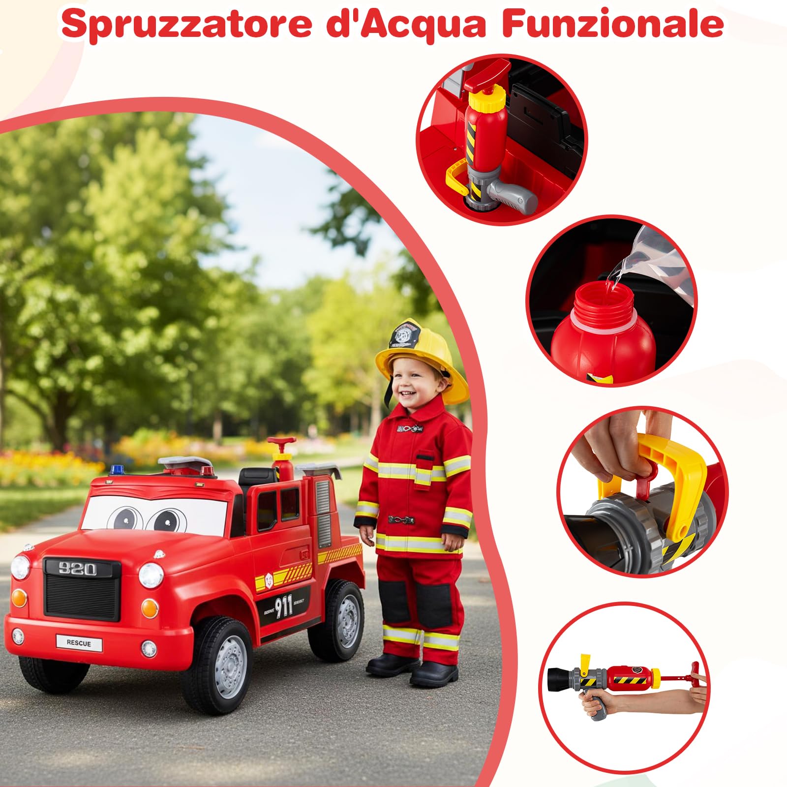 COSTWAY 12V Camion Pompieri Elettrico con Spruzzatore d'Acqua e Telecomando