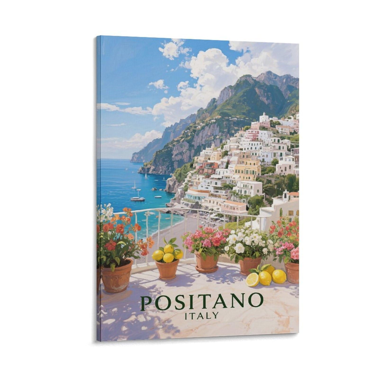 Fjiwecwsq Frame-Style Positano Italy Vintage Travel Poster 24X36inch(60X90cm) Canvas Wall Art Painting Prints