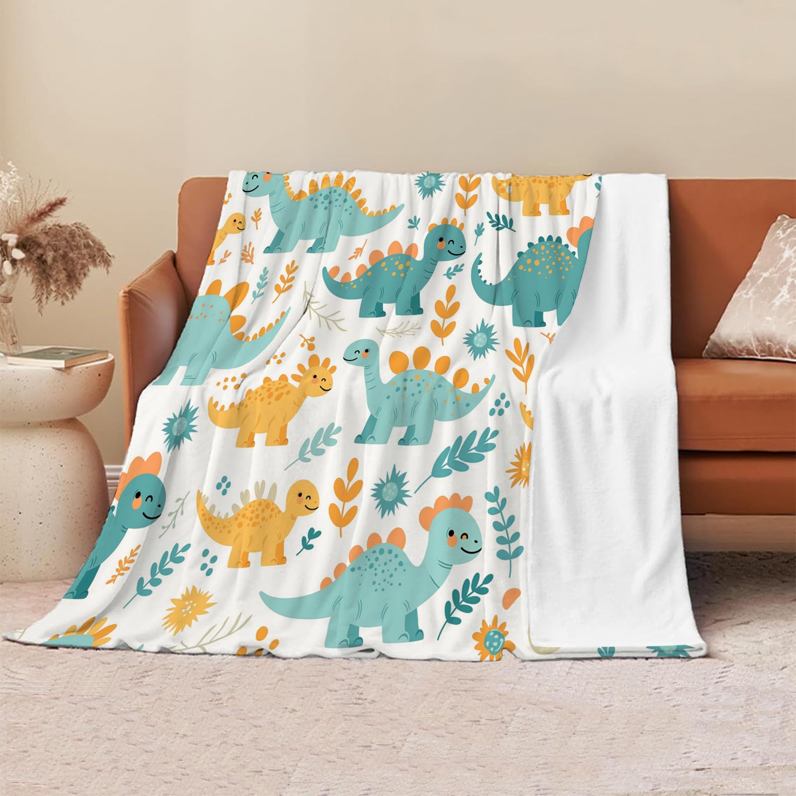 Couverture dinosaure en flanelle jaune et bleue pour canapé et lit enfant