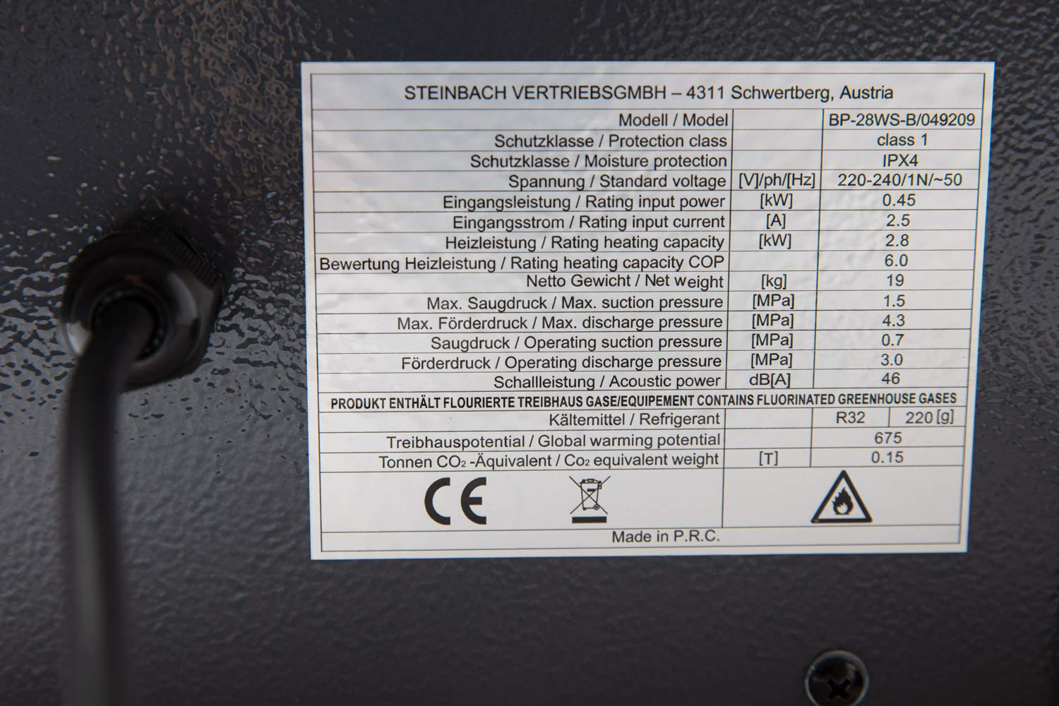 STEINBACH Wärmepumpe Mini, für Pools bis 20.000 l Wasserinhalt, Heizleistung 3,9 kW, 220V Betriebsspannung, Wasseranschluss Ø 32/38 mm, 049273