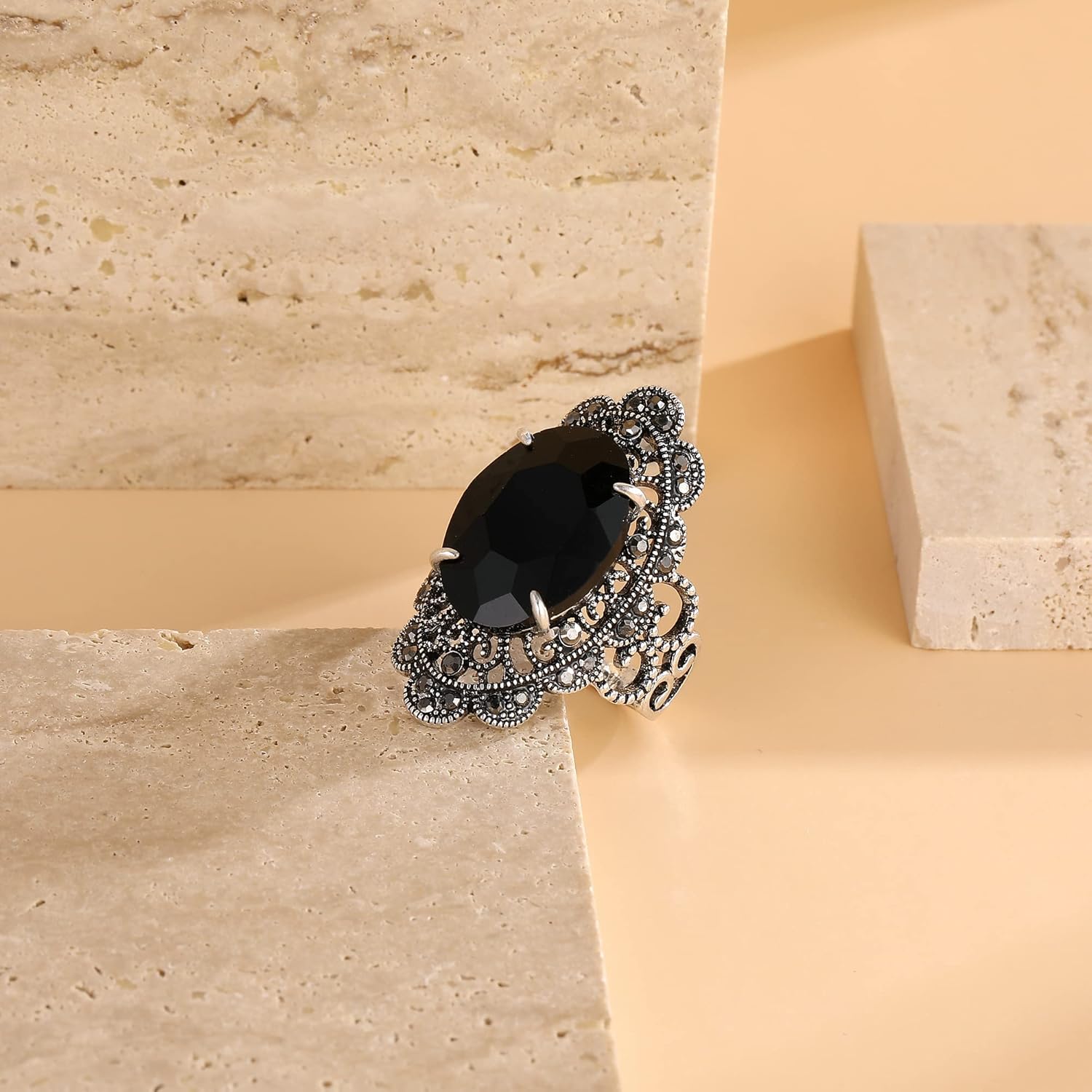 Black Retro Marcasite Rings for Women, Fashion Cocktail Statement Rings Costume Vintage Crystal Big Onyx Stone Rings Jewelry for Her - Image 4
