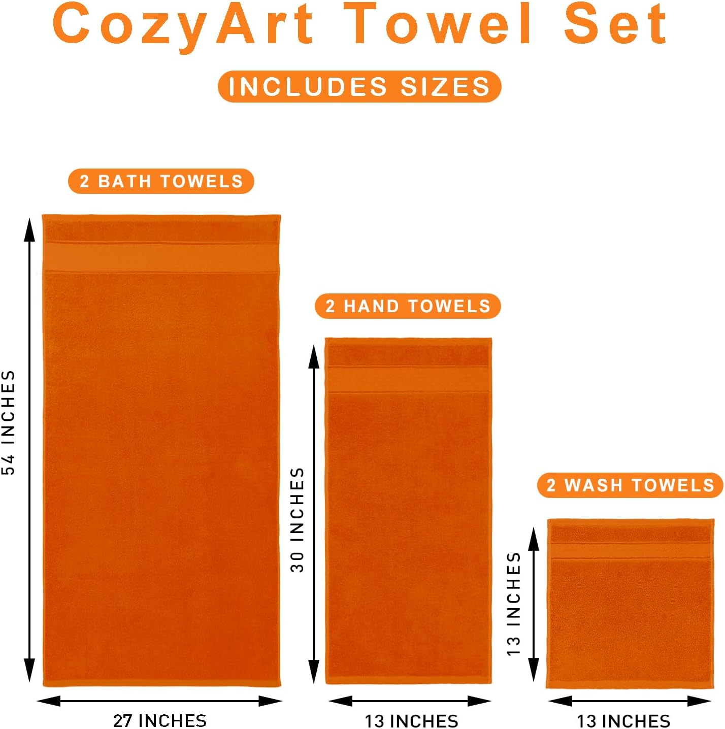 COZYART Orange Bath Towel Set 6 Piece, 2 Bath Towels 2 Hand Towels 2 Washcloths, Luxury 100% Turkish Cotton 650GSM Hotel Quality, Soft, Absorbent, Towel Sets for Bathroom - Image 7
