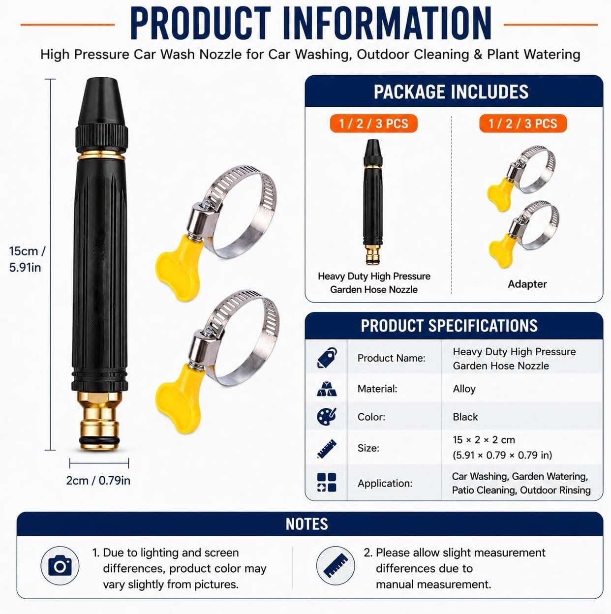 2026 High Pressure Car Wash Nozzle, Adjustable Jet Spray Nozzle for Garden Hose, Heavy Duty Metal Water Hose Nozzle with Quick Connector, Clamps for Car Washing, Patio Cleaning, Watering Plants