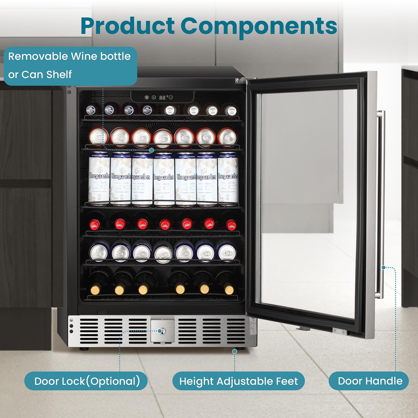 Antarctic Star 166 Can Beverage Refrigerator Cooler, 5.1 Cu.Ft Mini Fridge With Safety Lock, Beverage Cooler With Glass Door/LED Light/Adjustable Removable Shelves For Home/Office/Bar(Stainless Steel) on Fridge.com - View 5
