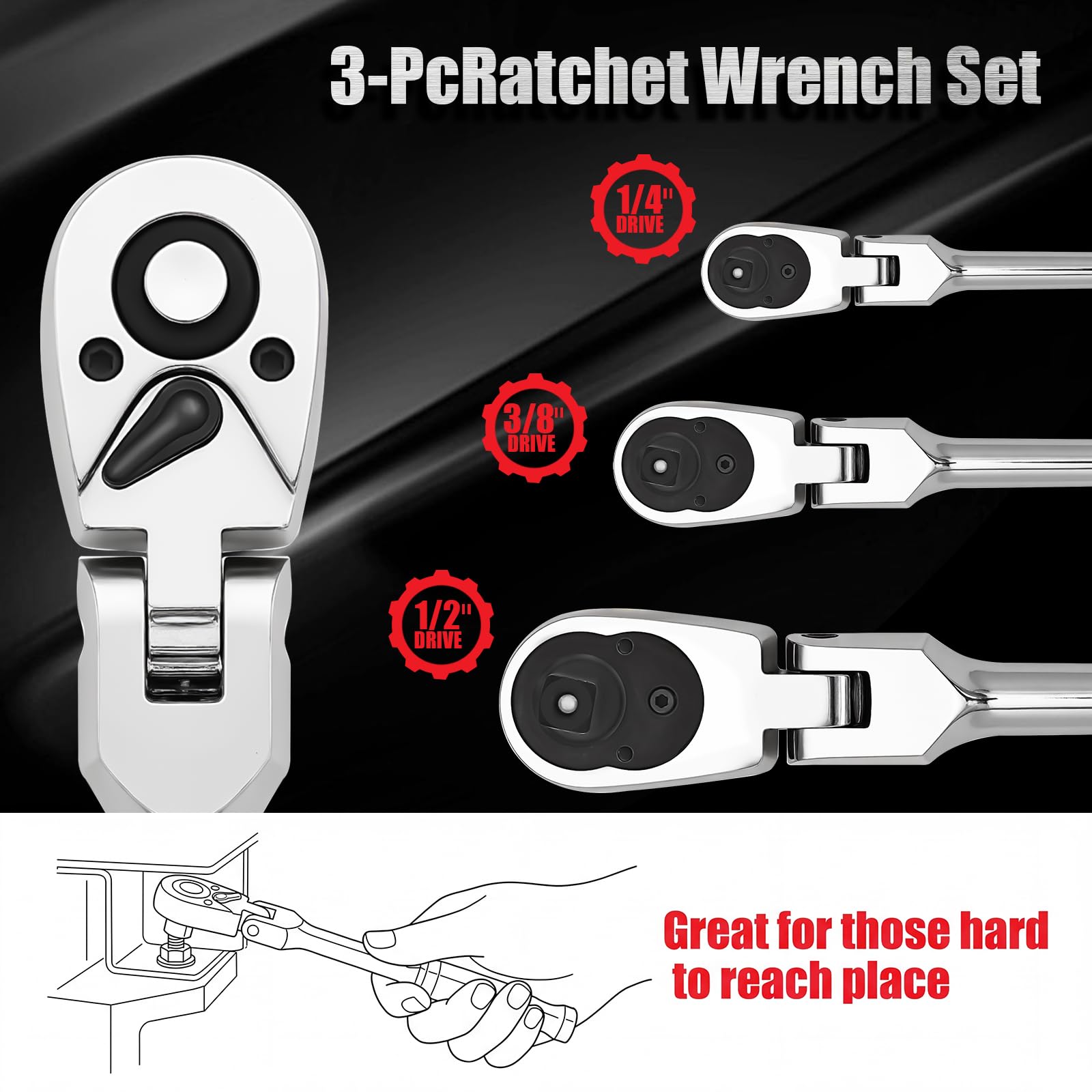 Set di 3 chiavi a cricchetto a gomito in diverse dimensioni, 1/2, 3/8, 1/4", set di chiavi a cricchetto a 72 denti a sgancio rapido con testa girevole flessibile