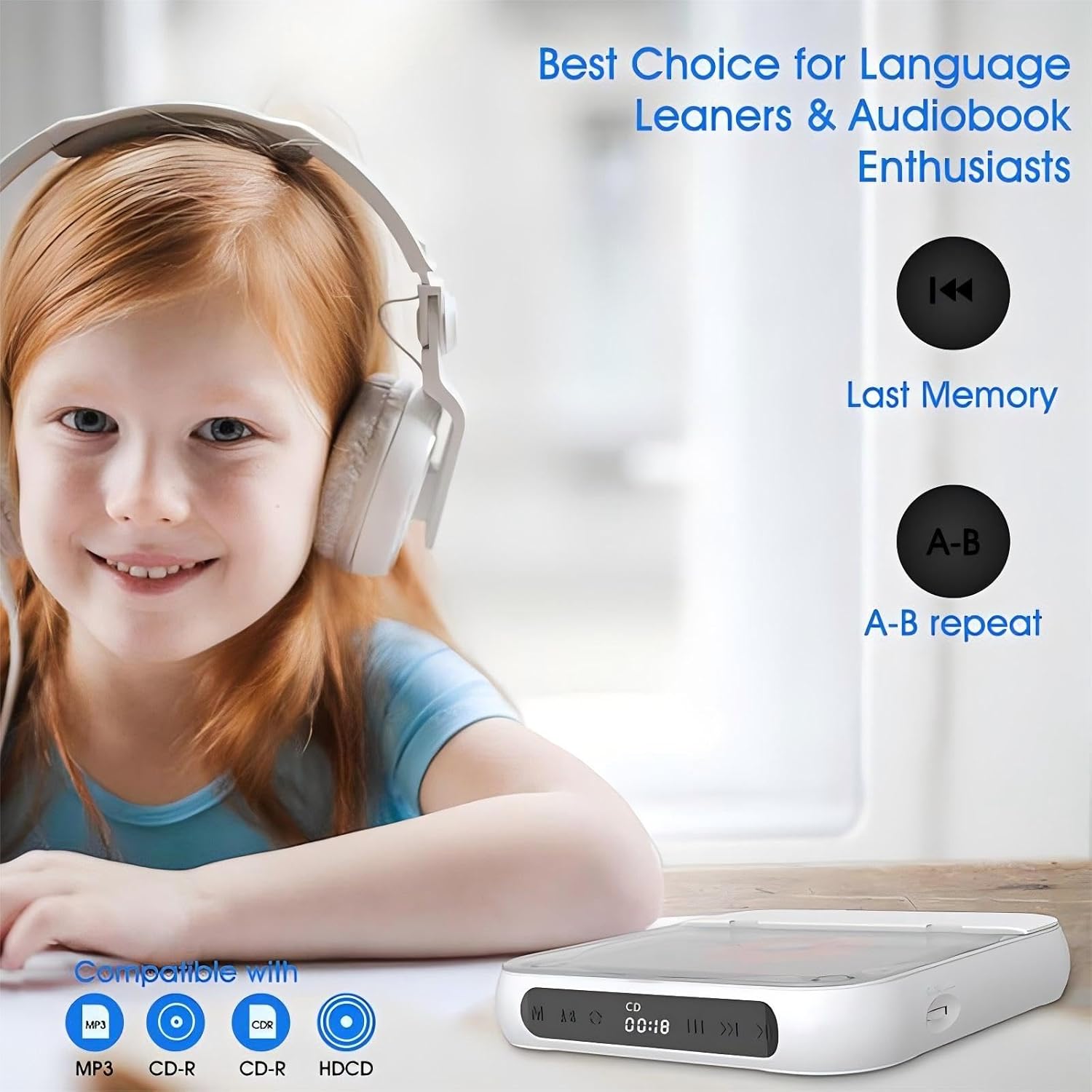 Portable CD Player with Bluetooth 5.3 Transmitter, 2000mAh Rechargeable, Built-in HiFi Dual Speakers, Supports CD/USB/AUX, LCD Display, Headphones Included for Home/Car (Green)