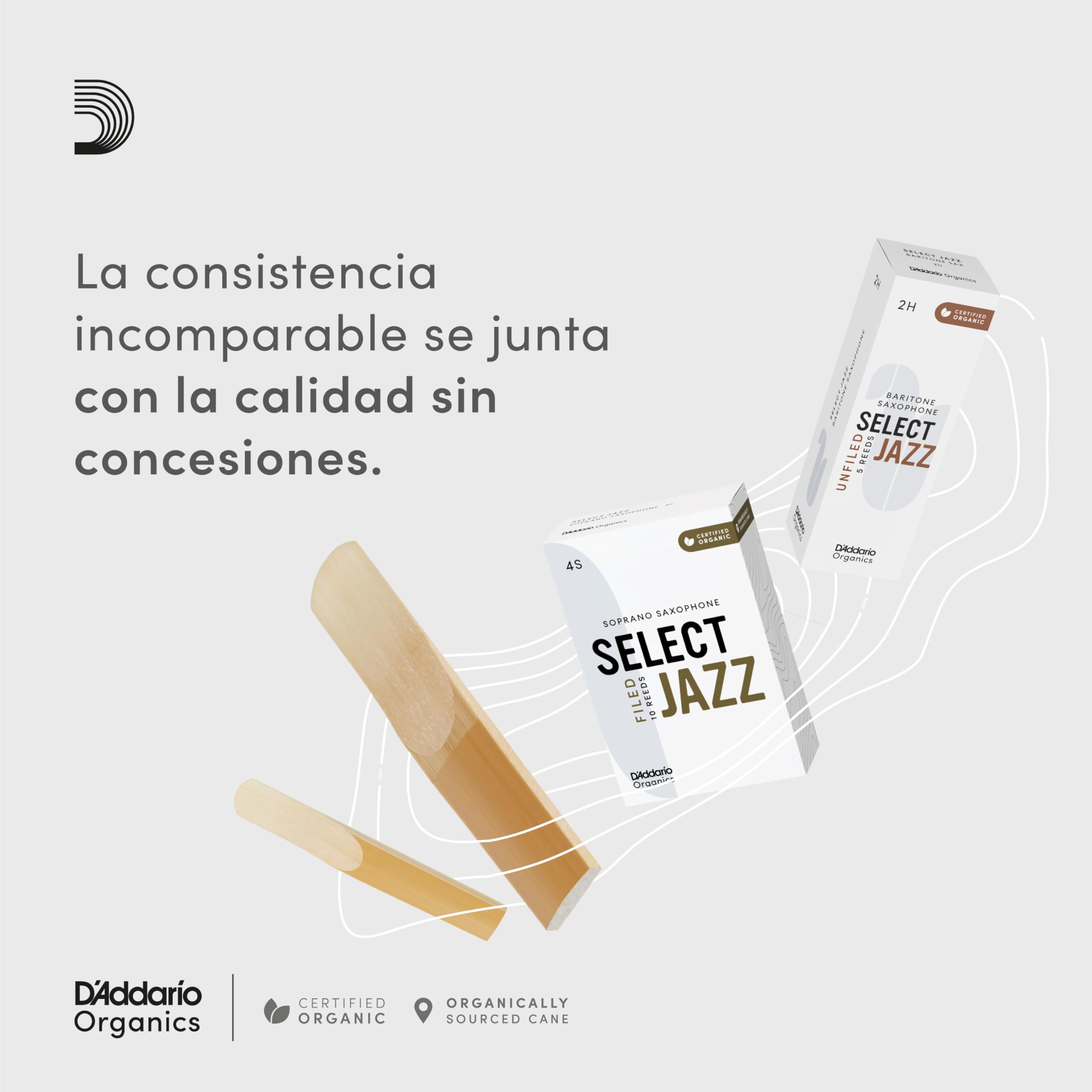 D'Addario Orgánico Select Jazz Unfiled Baritone Cañas para Saxofón - Cañas de Saxo - La Primera y única Caña Ecológica - 4 Duro, 5 Paquete