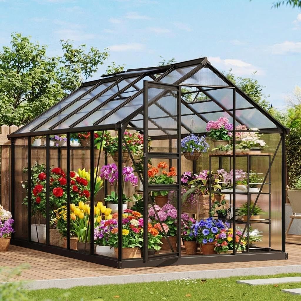 Greenhouse, 6×10FT Greenhouses for Outside, Walk-in Green House with Ground Nails and Vent Windows, Sliding Lockable Door, Polycarbonate Green House for Outside Garden Backyard, Quick Setup