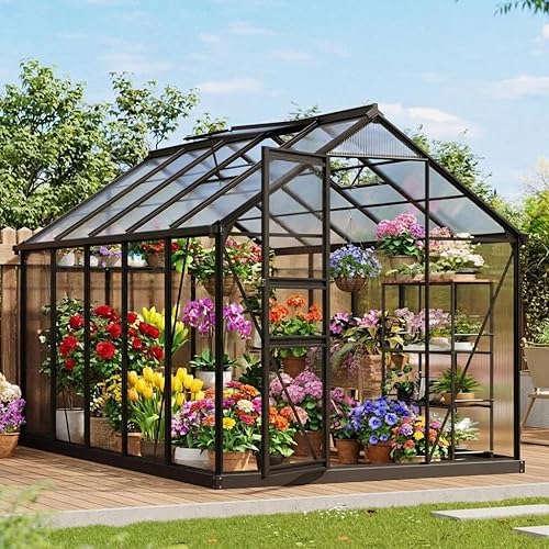 Greenhouse, 6×10FT Greenhouses for Outside, Walk-in Green House with Ground Nails and Vent Windows, Sliding Lockable Door, Polycarbonate Green House for Outside Garden Backyard, Quick Setup
