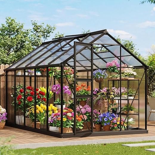 Greenhouse, 6×10FT Greenhouses for Outside, Walk-in Green House with Ground Nails and Vent Windows, Sliding Lockable Door, Polycarbonate Green House for Outside Garden Backyard, Quick Setup