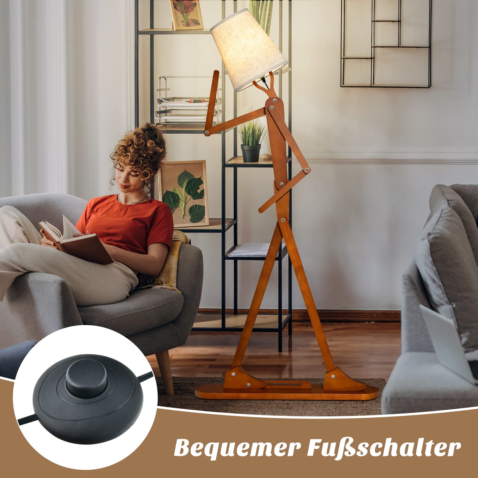 COSTWAY Geile Poseable Art Figure Stehlampe aus Holz, Lustige Stehleuchte, dekorative humanoide Eckleuchte mit verstellbaren Gelenken, Leselampe im kreativen Kunststil für Wohnzimmer & Schlafzimmer