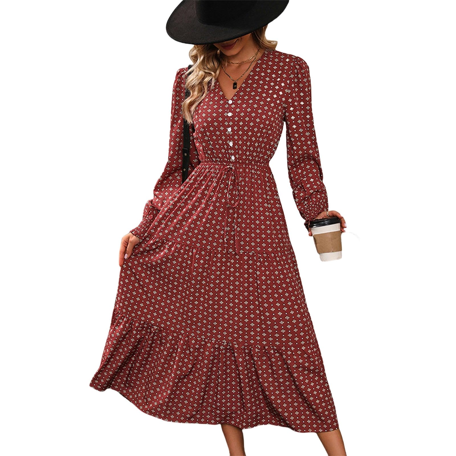 Vestidos de manga larga para mujer, con cuello en V, casual, vestido midi para invitada de boda, fiesta, compromiso, vestido ajustado YYEFNMAZ