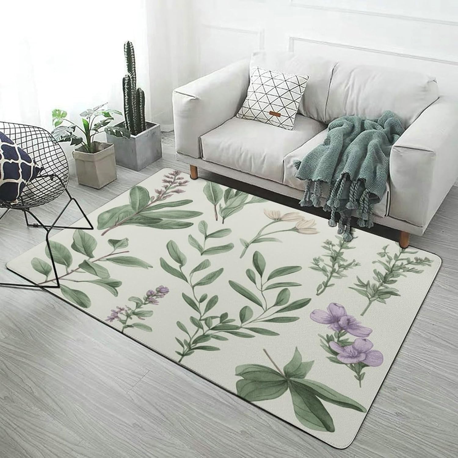 Green Flower Herb Sage Leaves and Branches Carpet for Living Room,Washable Dining Room Non-Slip Under Table Rug 40“x60”Large Rugs Lndoor Home Decoration Stain Resistant Carpet for Bedroom