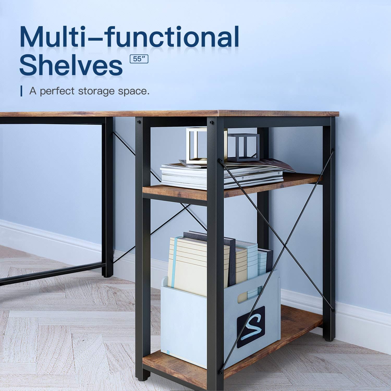 Computer Desk with Shelves,55" Modern Sturdy Writing Desk for Home Office,Office Desk with Bookshelf,Vintage