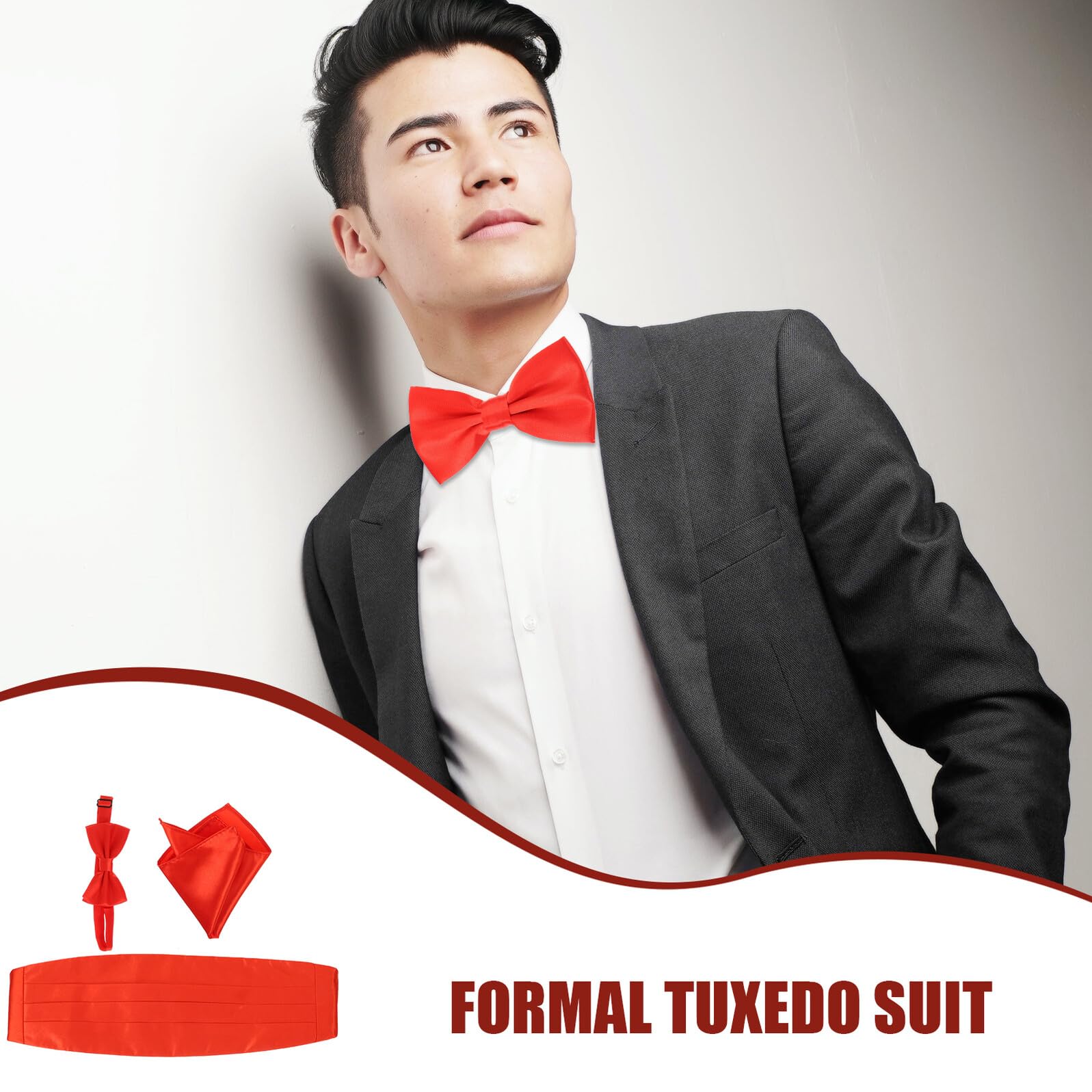 Ensemble 3 Pièces pour Homme Nœud en Satin Rouge Brillant, Ceinture de Smoking Ajustable 4 Plis, Mouchoir de Poche Polyester Entièrement Doublé pour Fête