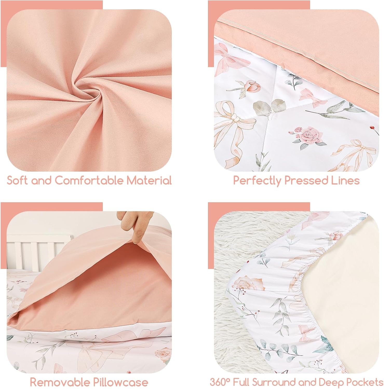 GFU 4 Piece Toddler Bedding Set, Ultra Soft and Breathable Toddler Comforter Sets for Girls Includes Quilted Comforter, Fitted Sheet, Flat Sheet and Pillowcase, Pink Flowers - Image 6