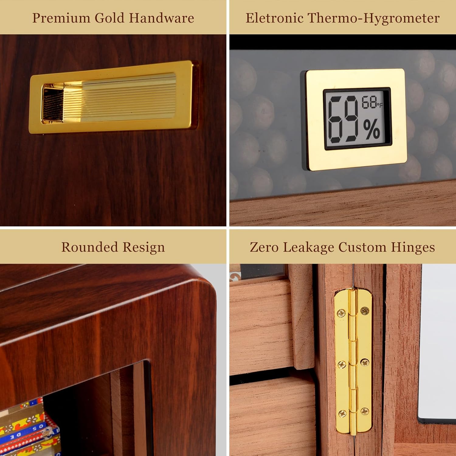 Cigar Humidors, Cedar Wood Humidor with Digital Hygrometer, Drawers, Humidifiers and Gold-Plated Hardwares. Cigar humidor Cabinet for Men Husband Father, 300 Cigars Capacity Walnut Color