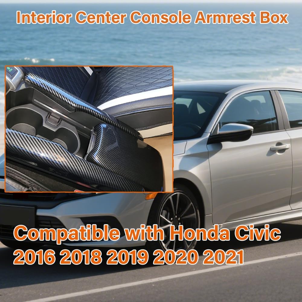 Carbon Fiber Style Center Armrest Box Cover Console Box Storage Box Trim Covers Compatible with Honda Civic 10th Generation 2016 2017 2018 2019 2020 2021 Auto Interior Accessories (3Pcs)