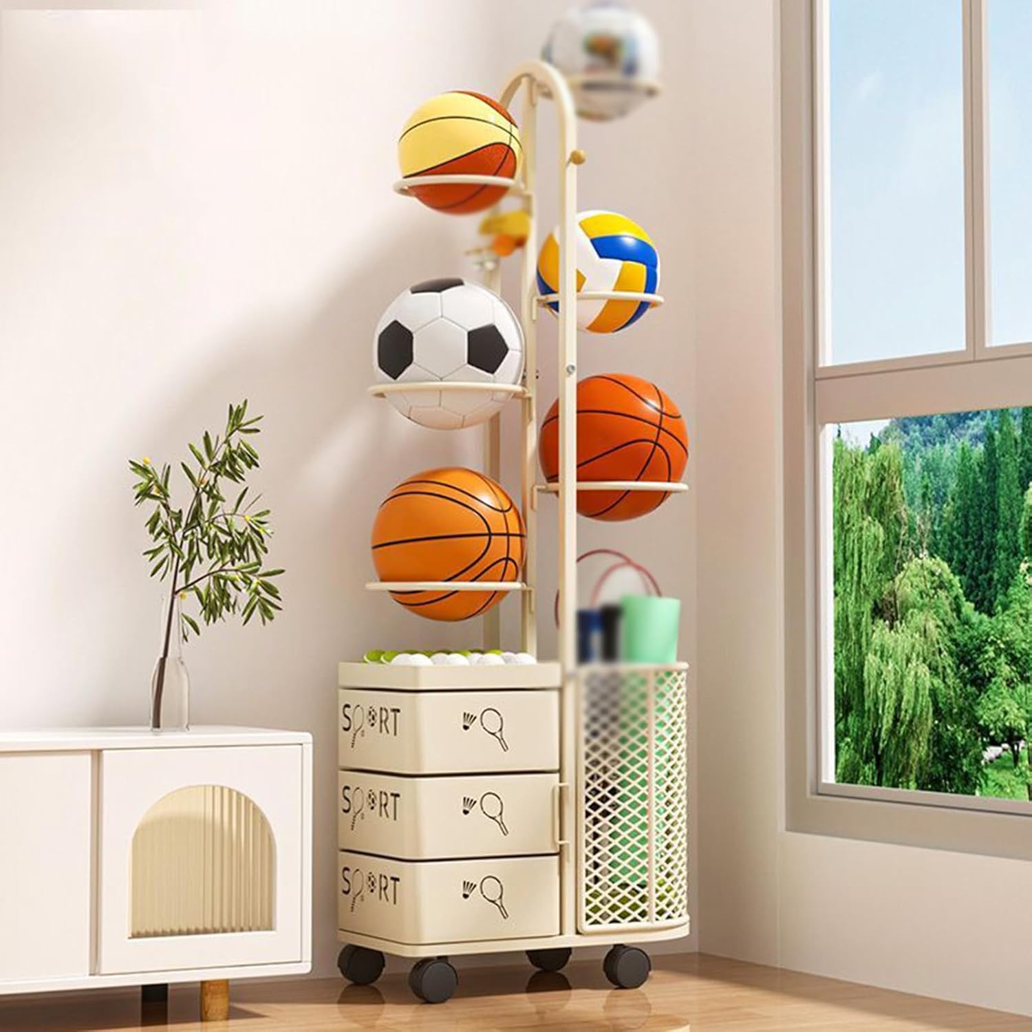 Basketball Storage Rack,Metal Ball Storage Rack with Wheel Vertical