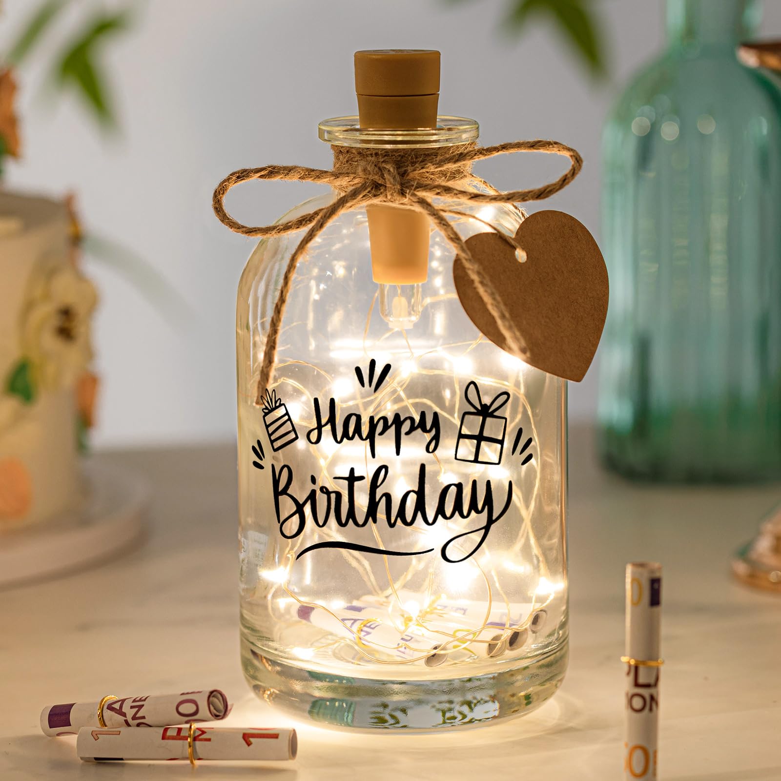 BBTO Geldgeschenke Geburtstag LED Flaschenlicht mit Spruch Happy Birthday Flaschenlichterkette Beleuchtete Dekoflasche Geldgeschenke Verpackung Leuchtflasche Geburtstagsgeschenk für Frauen Weihnachten