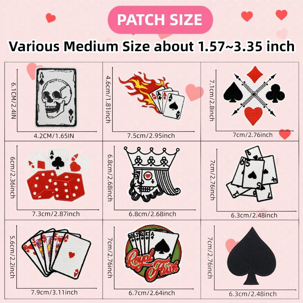 20 PCS Play Cards Iron on Patches, Ace Card Joker Gaming Poker Embroidered Sew on Applique for Clothes, Heart Spades Diamonds Clubs Patch for Custom,Hats, Jeans, Jackets, Bags, Backpacks,Uniform